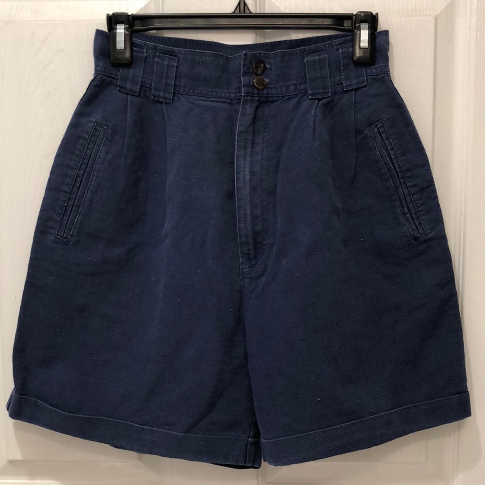 Vintage 80s 90s Navy Blue Linen Blend High Waisted Shorts